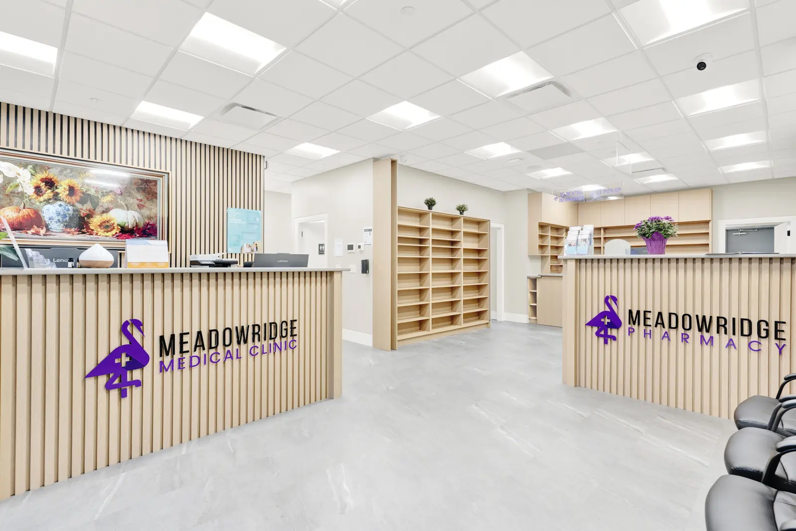 Pharmacy counter beside the Meadowridge Medical Clinic reception desk